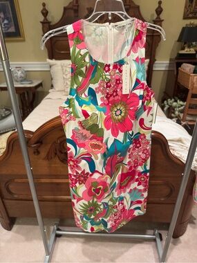 Trina Turk White Shift Dress with Pink, Teal & Green Floral Print